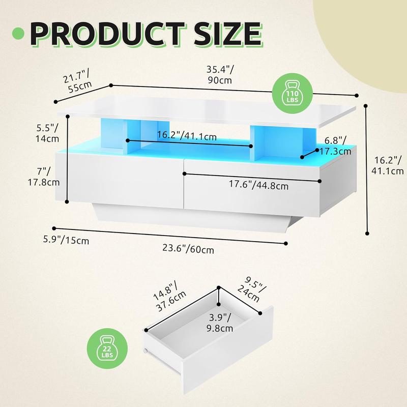 שולחן סלון מודרני מבריק | תאורת LED חכמה ו-4 מגירות אחסון