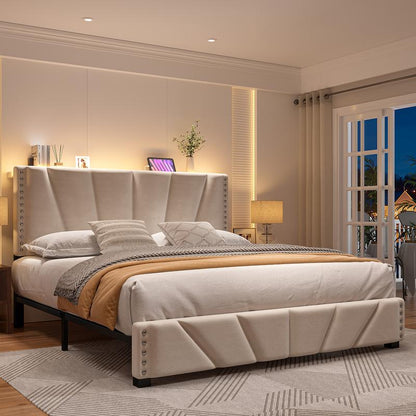 מיטת פלטפורמה קטיפתית Aura עם תאורת LED ועמדת טעינה