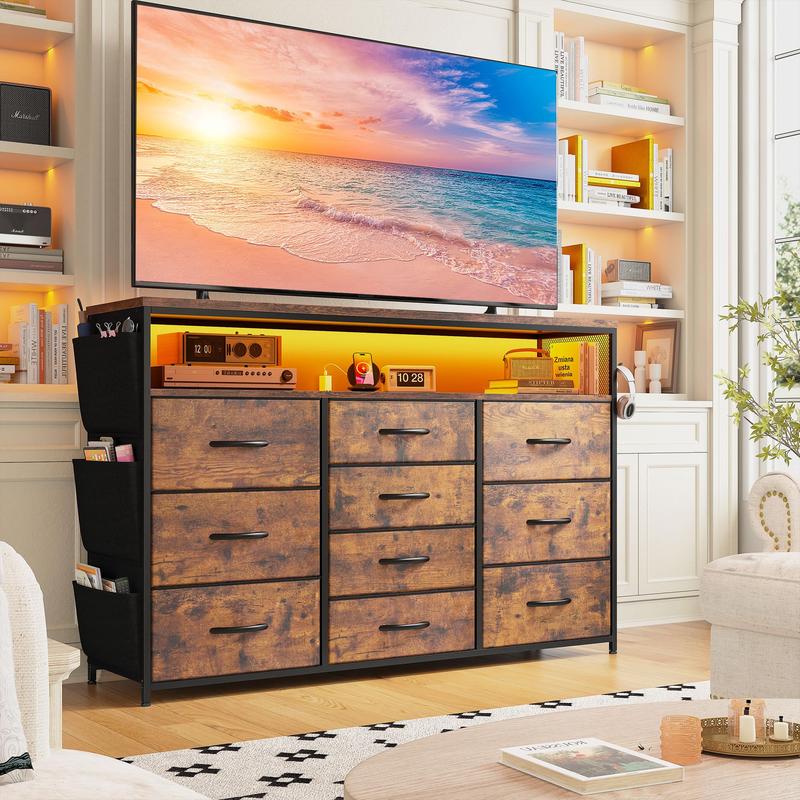מעמד טלוויזיה Raybee Furniture עם 16 מגירות אחסון ושקע חשמל, מסגרת מתכת כבדה וקונסולת מדיה מעץ, מרכז בידור גדול לסלון, חדר שינה, ארון, ארון אחסון מודרני לעיצוב הבית לחלל קטן 