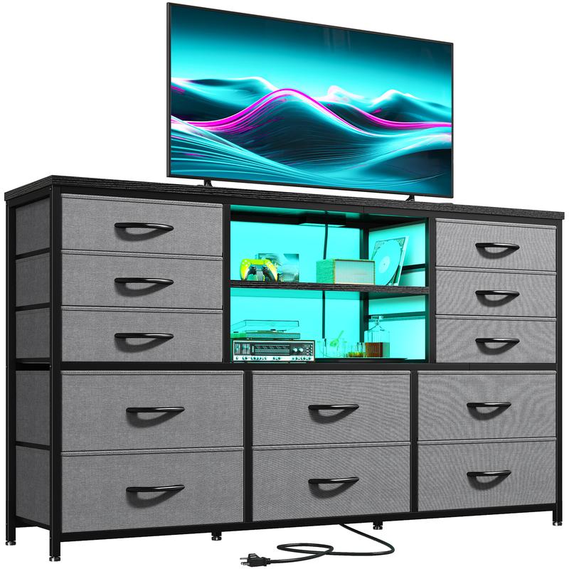שידת Raybee Furniture ברוחב 55 אינץ' לחדר שינה, עם שקע חשמל ותאורת LED, מעמד טלוויזיה 65 אינץ' לחדר שינה עם 7-12 מגירות בד, שידות חזקות לחדר שינה 