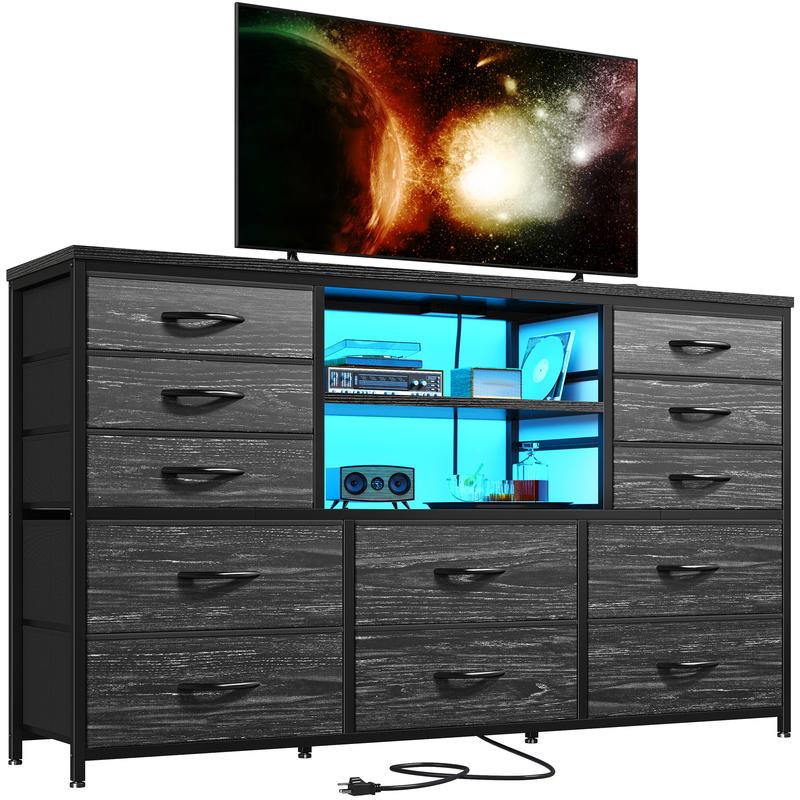 שידת Raybee Furniture ברוחב 55 אינץ' לחדר שינה, עם שקע חשמל ותאורת LED, מעמד טלוויזיה 65 אינץ' לחדר שינה עם 7-12 מגירות בד, שידות חזקות לחדר שינה 
