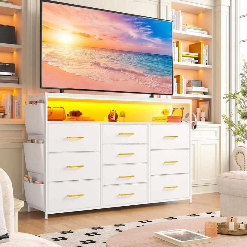 מעמד טלוויזיה Raybee Furniture עם 16 מגירות אחסון ושקע חשמל, מסגרת מתכת כבדה וקונסולת מדיה מעץ, מרכז בידור גדול לסלון, חדר שינה, ארון, ארון אחסון מודרני לעיצוב הבית לחלל קטן 