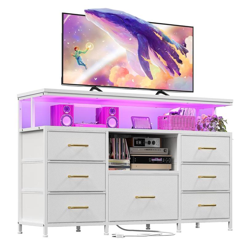 שידת Raybee Furniture ברוחב 55 אינץ' לחדר שינה, עם שקע חשמל ותאורת LED, מעמד טלוויזיה 65 אינץ' לחדר שינה עם 7-12 מגירות בד, שידות חזקות לחדר שינה 