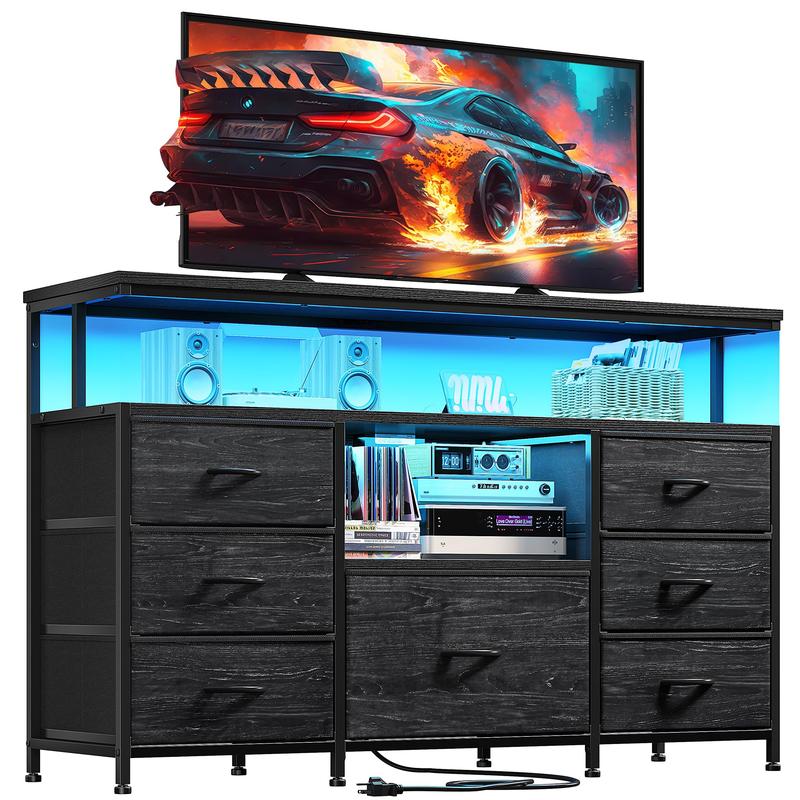 שידת Raybee Furniture ברוחב 55 אינץ' לחדר שינה, עם שקע חשמל ותאורת LED, מעמד טלוויזיה 65 אינץ' לחדר שינה עם 7-12 מגירות בד, שידות חזקות לחדר שינה 
