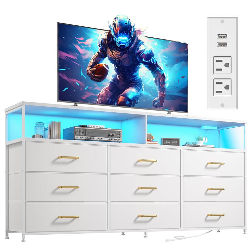 שידת Raybee Furniture ברוחב 55 אינץ' לחדר שינה, עם שקע חשמל ותאורת LED, מעמד טלוויזיה 65 אינץ' לחדר שינה עם 7-12 מגירות בד, שידות חזקות לחדר שינה 