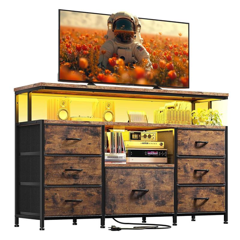 שידת Raybee Furniture ברוחב 55 אינץ' לחדר שינה, עם שקע חשמל ותאורת LED, מעמד טלוויזיה 65 אינץ' לחדר שינה עם 7-12 מגירות בד, שידות חזקות לחדר שינה 