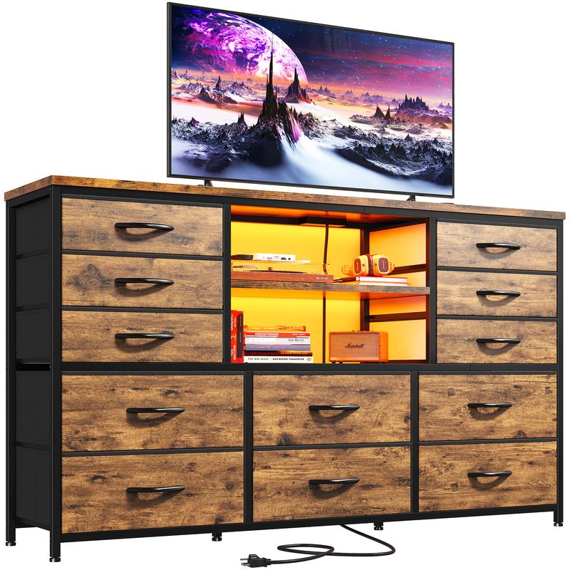 שידת Raybee Furniture ברוחב 55 אינץ' לחדר שינה, עם שקע חשמל ותאורת LED, מעמד טלוויזיה 65 אינץ' לחדר שינה עם 7-12 מגירות בד, שידות חזקות לחדר שינה 