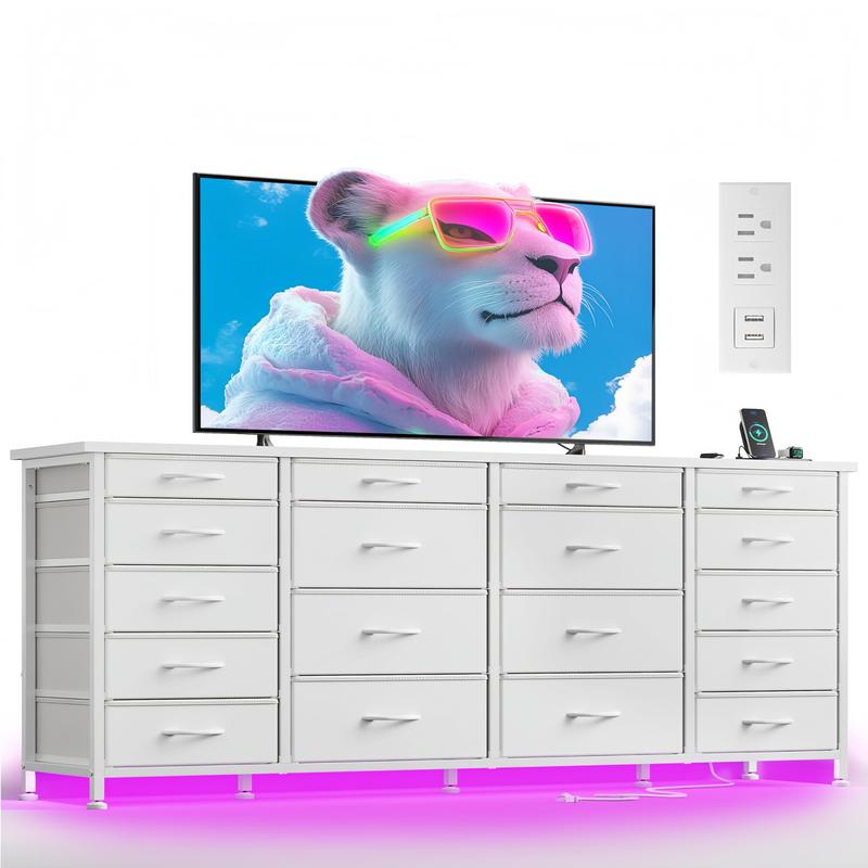 שידת Raybee Furniture ברוחב 55 אינץ' לחדר שינה, עם שקע חשמל ותאורת LED, מעמד טלוויזיה 65 אינץ' לחדר שינה עם 7-12 מגירות בד, שידות חזקות לחדר שינה 