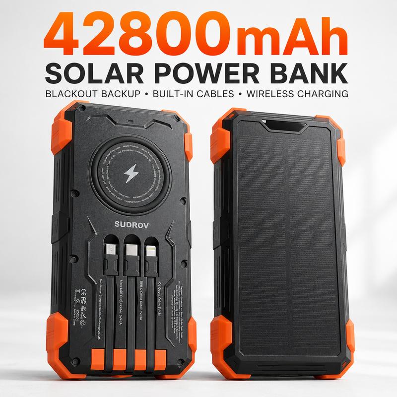 סוללת גיבוי סולארית Sudrov בקיבולת 42800mAh, מטען נייד עם טעינה מהירה בהספק 15W וטעינה אלחוטית, 4 כבלי טעינה מובנים, 7 יציאות, 3 כניסות, שני פנסים ועיצוב עמיד בפני אבק