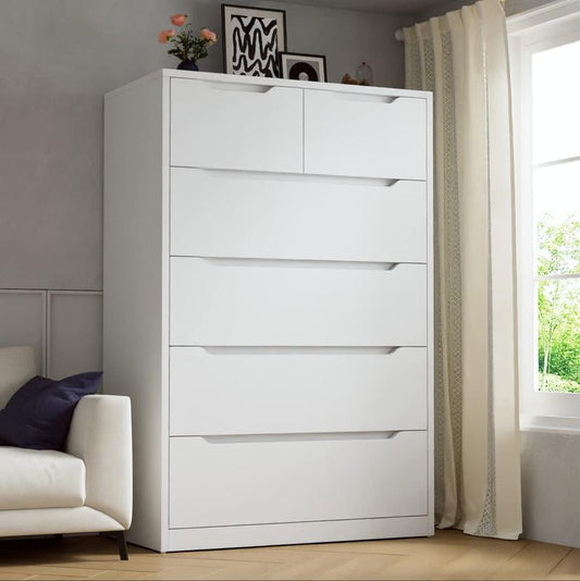 שידת עץ מודרנית של Raybeefurniture עם 4/5/6 מגירות גדולות, ארון אחסון מסוגנן ושידות מגירות עם ארגונית גדולה, שידה גבוהה עם מסילה חלקה ממתכת, ריהוט חדר שינה מודרני, ארגונית אחסון יוקרתית לבנה לחדר שינה 