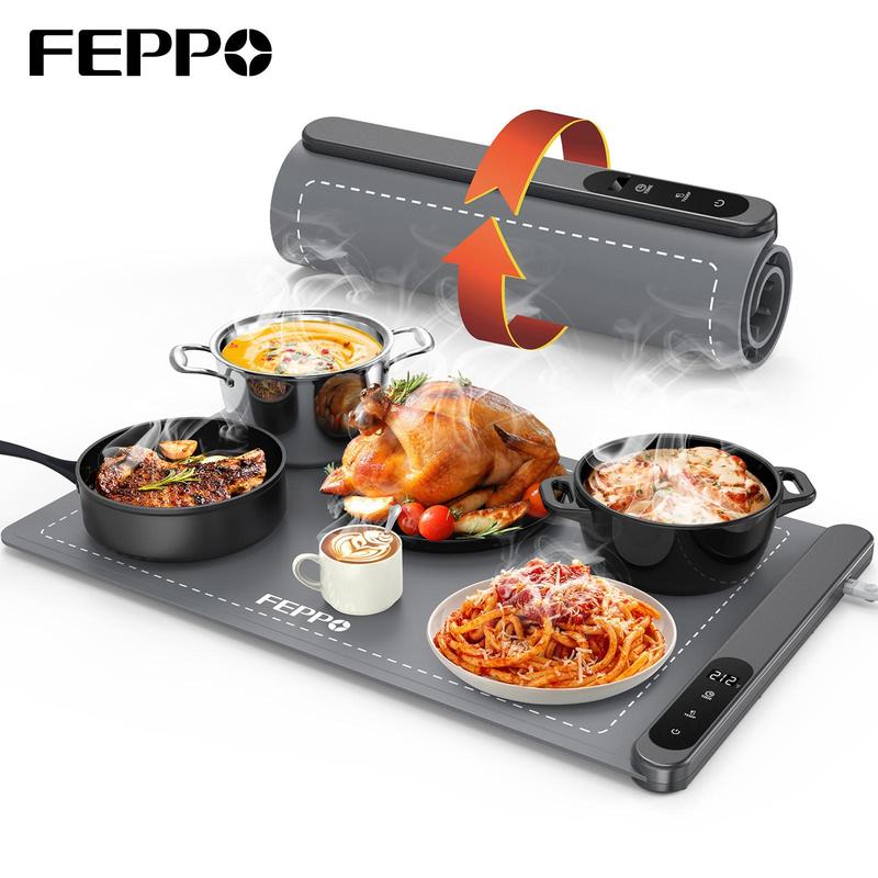 משטח חימום חשמלי מעודכן של FEPPO עם 6 רמות טמפרטורה וטיימר של 6 שעות, משטח חימום מלא מהיר יותר, מחמם מזון מגולגל למסיבות חג ומזנונים 