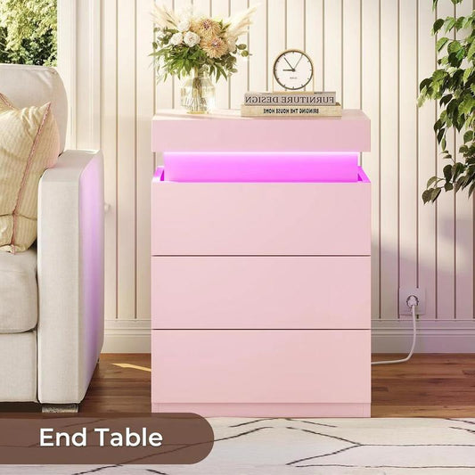 שידת לילה מודרנית Sikaic עם תאורת LED ועמדת טעינה, שידה לצד המיטה עם 3 מגירות ומשטח עליון נשלף בהזזה, יציאות USB ושקעי חשמל, תאורת RGB מסונכרנת למוזיקה, שליטה באמצעות אפליקציה ושלט רחוק לחדר השינה