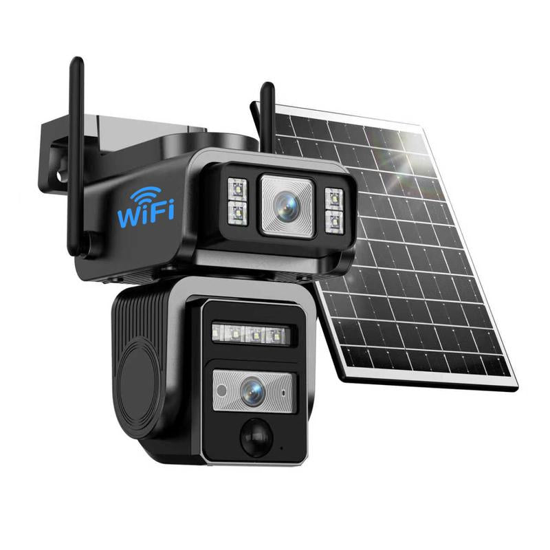 מצלמת אבטחה אלחוטית Seckun סולארית במעגל סגור WiFi עם זרקור 1080P HD תמונה ברורה PLR זיהוי תנועה צבע ראיית לילה עמידה במים שחורה מצלמת אבטחה אלחוטית כפולה עדשות ללא מבוי סתום מעקב אוטומטי אלחוטי מבצעים בשבילך שמע דו כיווני Aj19-Wifi