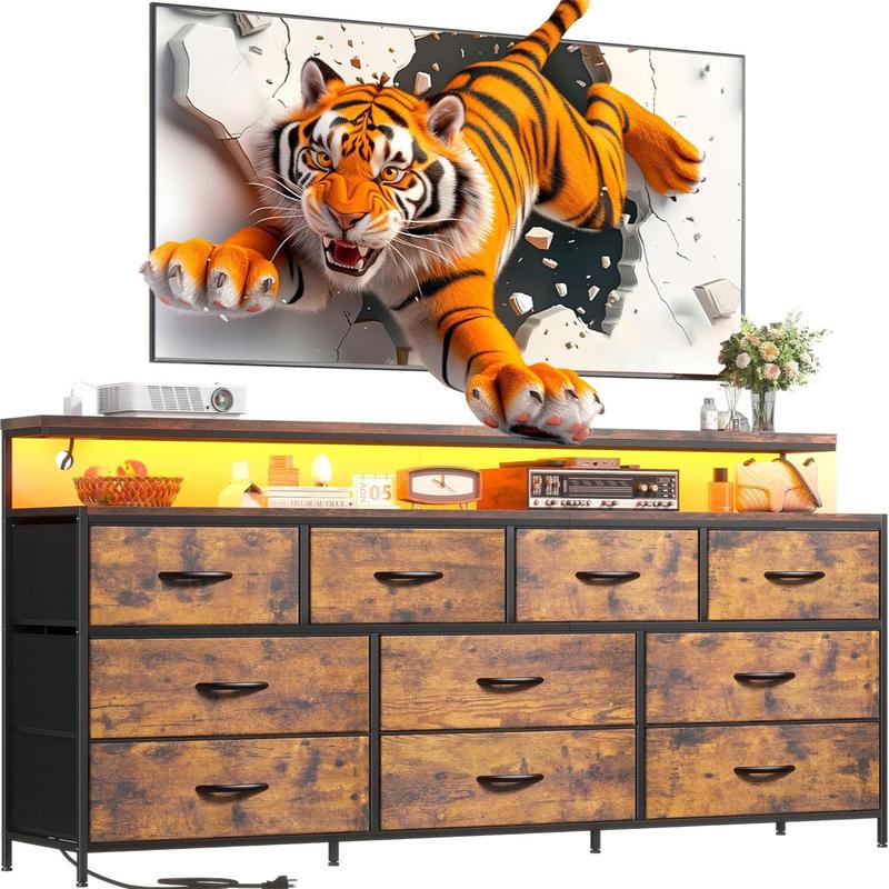 שידת Raybee Furniture ברוחב 55 אינץ' לחדר שינה, עם שקע חשמל ותאורת LED, מעמד טלוויזיה 65 אינץ' לחדר שינה עם 7-12 מגירות בד, שידות חזקות לחדר שינה 