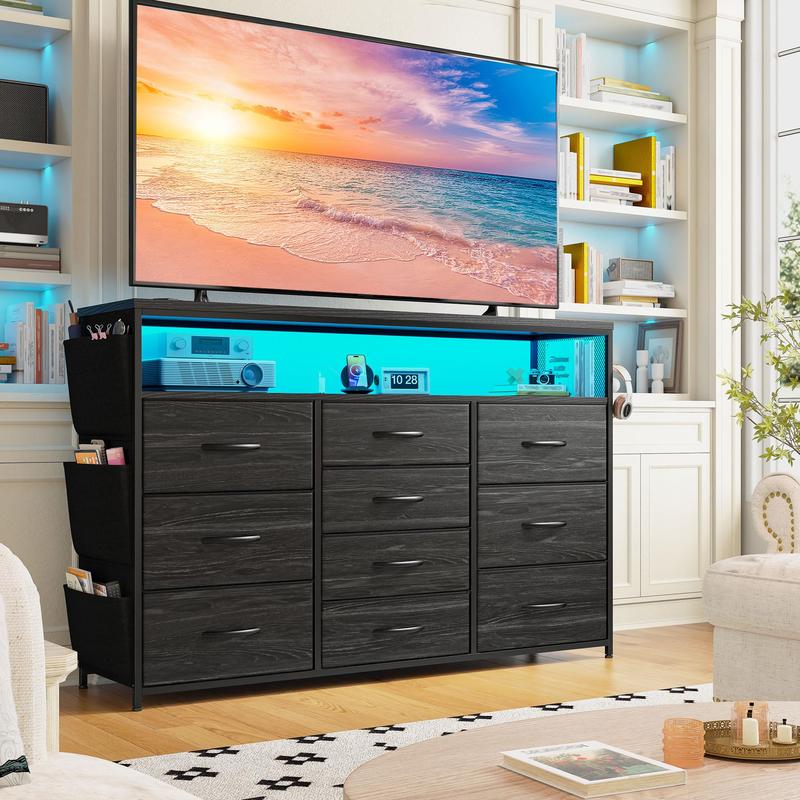 מעמד טלוויזיה Raybee Furniture עם 16 מגירות אחסון ושקע חשמל, מסגרת מתכת כבדה וקונסולת מדיה מעץ, מרכז בידור גדול לסלון, חדר שינה, ארון, ארון אחסון מודרני לעיצוב הבית לחלל קטן 