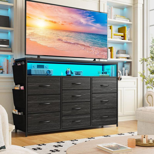 מעמד טלוויזיה Raybee Furniture עם 16 מגירות אחסון ושקע חשמל, מסגרת מתכת כבדה וקונסולת מדיה מעץ, מרכז בידור גדול לסלון, חדר שינה, ארון, ארון אחסון מודרני לעיצוב הבית לחלל קטן 