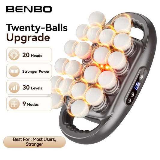 מכשיר עיסוי שרירים חשמלי BENBO עם 20 כדורי עיסוי, מכשיר עיסוי נטען לגב ולגוף עם 9 מצבי פעולה, 30 רמות מהירות, אור אדום, ידיות כפולות, מנוע שקט וסוללת 2000mAh להרפיית שרירים ולהקלה על כאבים