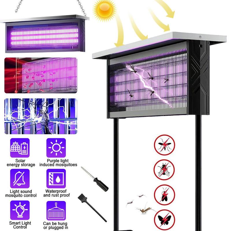 מנורה סולארית לקטילת יתושים בהספק 20W, קוטל חרקים חשמלי עמיד למים לשימוש חיצוני עם 3 נורות, אפשרות טעינה כפולה וסוללה נטענת בקיבולת 6000mAh לגינה, למרפסת, לחצר ולחווה