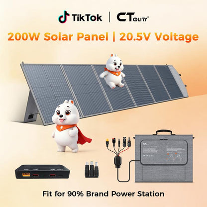 פאנל סולארי גמיש ומתקפל CTOLITY SP200 בהספק 200W, מטען סולארי נייד בעל יעילות גבוהה במתח 12V/20.5V עם יציאת USB בהספק 45W, מחברי MC4 ועיצוב עמיד למים לקמפינג, לקרוואנים ולתחנות כוח ניידות