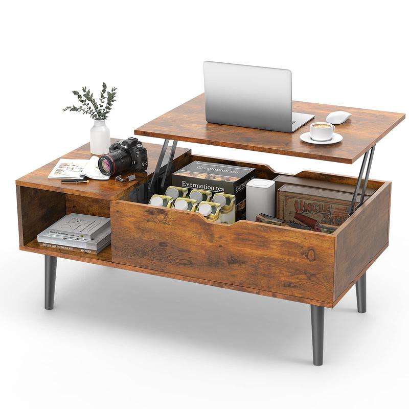 שולחן מרכזי מעץ מורכב במלואו של Sweet Furniture, שולחן קפה מחורץ עם משטח הרמה ותא נסתר, משטח שולחן מודרני להרמה לסלון ולמשרד 