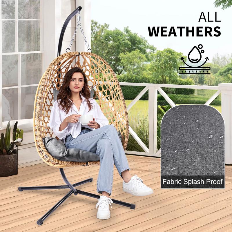 כיסא נדנדה ביצה - עיצוב נצרים, מושלם לשימוש פנימי וחיצוני, תומך במשקל של עד 147 ק"ג, כולל כרית לנוחות נוספת 