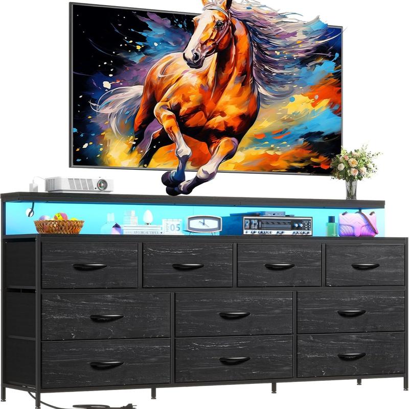 שידת Raybee Furniture ברוחב 55 אינץ' לחדר שינה, עם שקע חשמל ותאורת LED, מעמד טלוויזיה 65 אינץ' לחדר שינה עם 7-12 מגירות בד, שידות חזקות לחדר שינה 