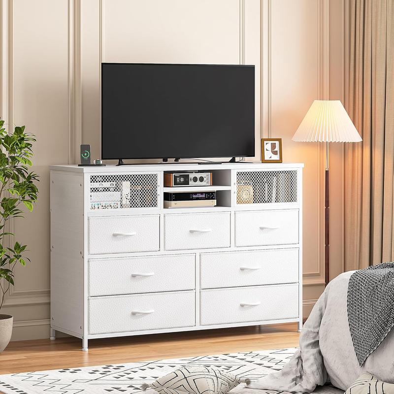 מעמד טלוויזיה Raybee Furniture עם 16 מגירות אחסון ושקע חשמל, מסגרת מתכת כבדה וקונסולת מדיה מעץ, מרכז בידור גדול לסלון, חדר שינה, ארון, ארון אחסון מודרני לעיצוב הבית לחלל קטן 