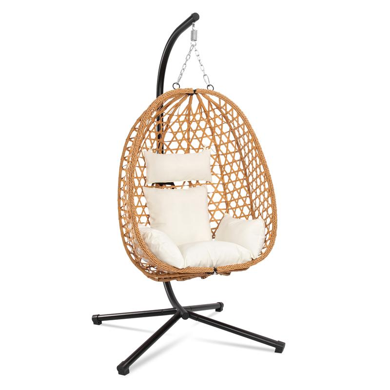 כיסא נדנדה ביצה - עיצוב נצרים, מושלם לשימוש פנימי וחיצוני, תומך במשקל של עד 147 ק"ג, כולל כרית לנוחות נוספת 