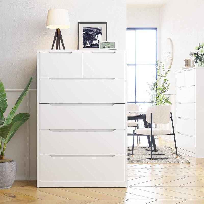 שידת עץ מודרנית של Raybeefurniture עם 4/5/6 מגירות גדולות, ארון אחסון מסוגנן ושידות מגירות עם ארגונית גדולה, שידה גבוהה עם מסילה חלקה ממתכת, ריהוט חדר שינה מודרני, ארגונית אחסון יוקרתית לבנה לחדר שינה 