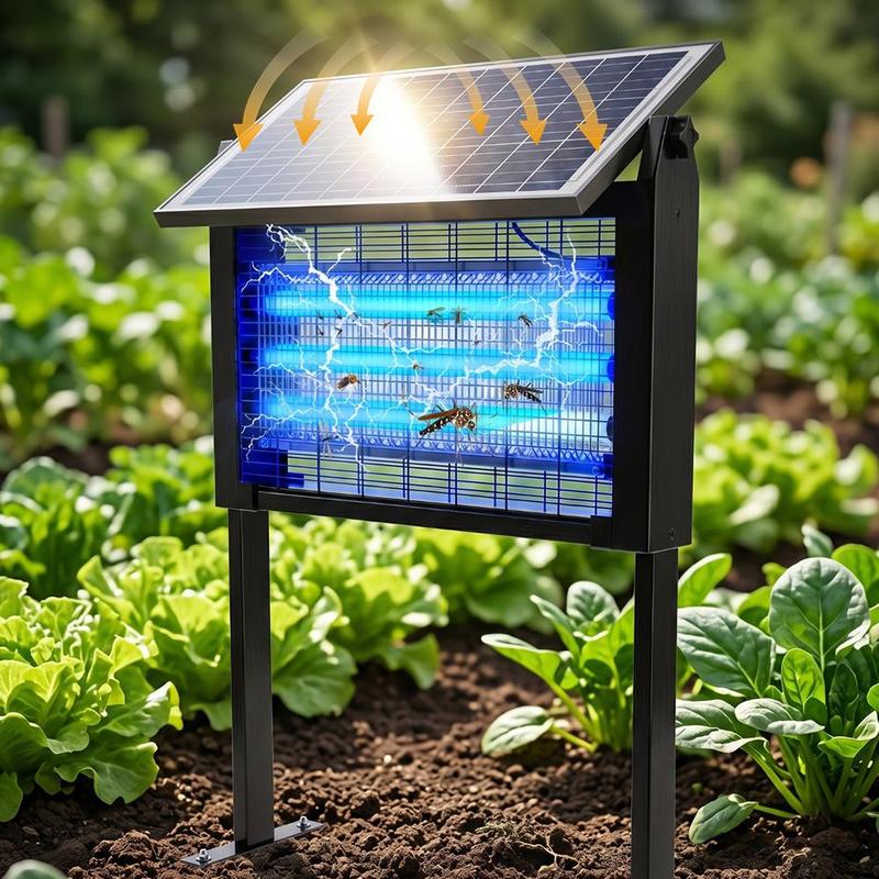 מנורה סולארית לקטילת יתושים בהספק 20W, קוטל חרקים חשמלי עמיד למים לשימוש חיצוני עם 3 נורות, אפשרות טעינה כפולה וסוללה נטענת בקיבולת 6000mAh לגינה, למרפסת, לחצר ולחווה