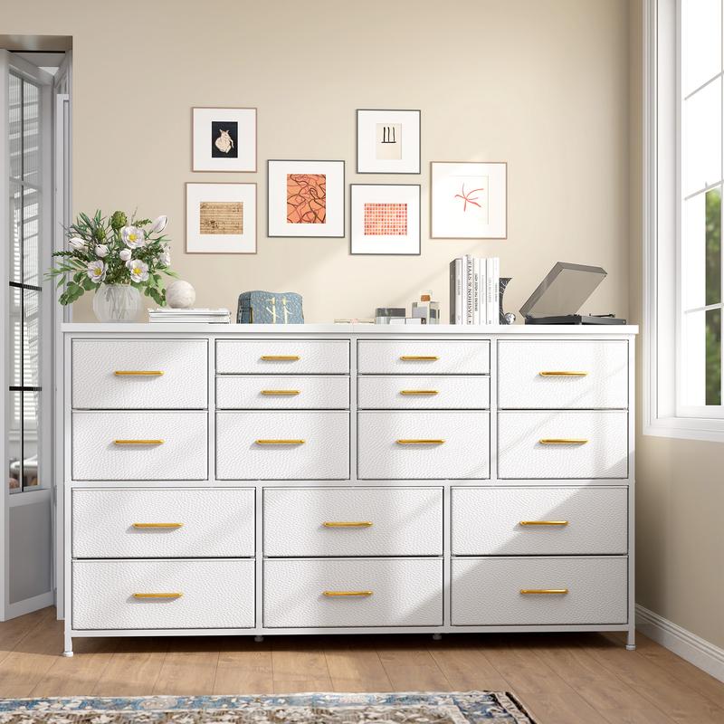 מעמד טלוויזיה Raybee Furniture עם 16 מגירות אחסון ושקע חשמל, מסגרת מתכת כבדה וקונסולת מדיה מעץ, מרכז בידור גדול לסלון, חדר שינה, ארון, ארון אחסון מודרני לעיצוב הבית לחלל קטן 