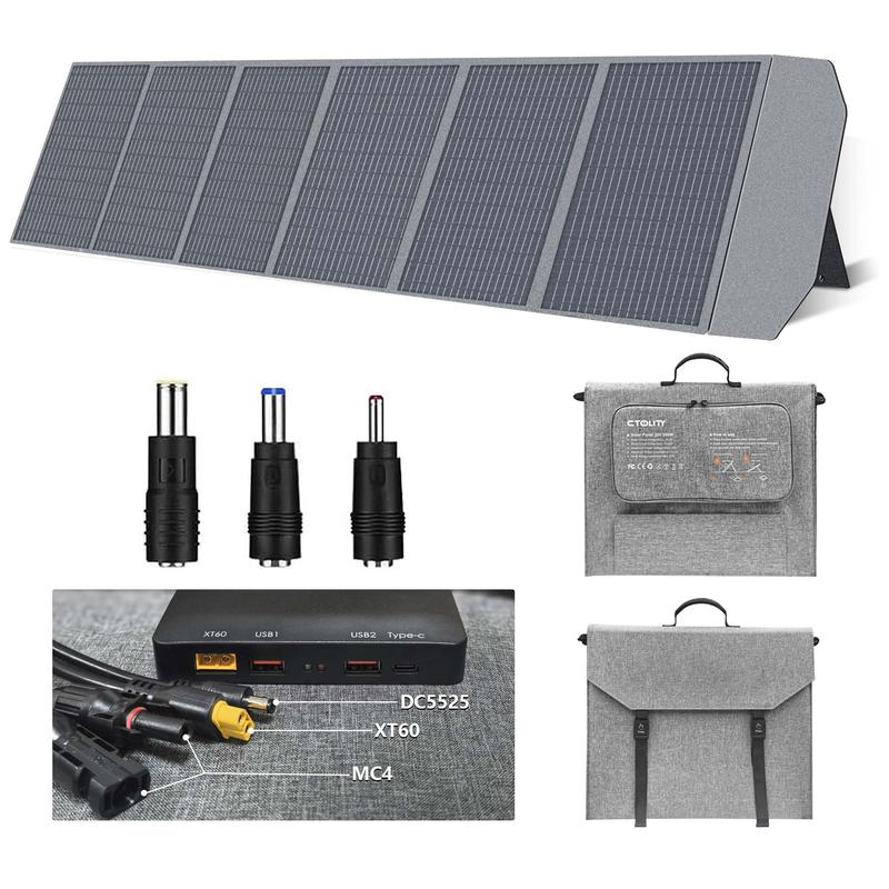 פאנל סולארי גמיש ומתקפל CTOLITY SP200 בהספק 200W, מטען סולארי נייד בעל יעילות גבוהה במתח 12V/20.5V עם יציאת USB בהספק 45W, מחברי MC4 ועיצוב עמיד למים לקמפינג, לקרוואנים ולתחנות כוח ניידות