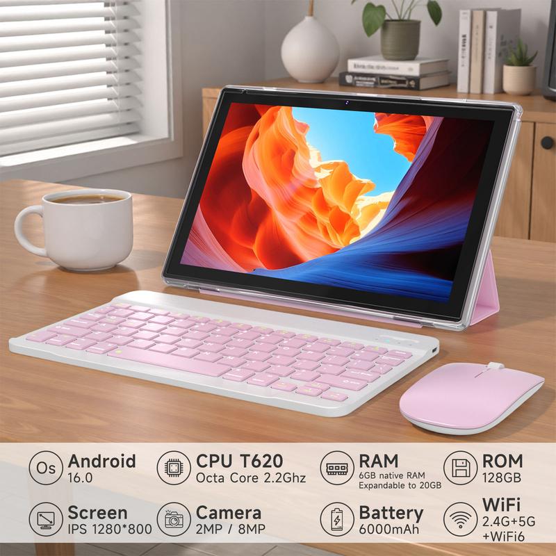 טאבלט PEICHENG 2026 עם מערכת הפעלה Android 16, מסך IPS בגודל 10.1 אינץ', זיכרון RAM בנפח 20GB, אחסון פנימי של 128GB עם אפשרות הרחבה עד 1TB, מעבד שמונה ליבות, WiFi 6, Bluetooth 5.0 ועכבר אלחוטי