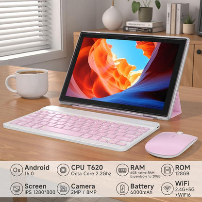 טאבלט PEICHENG 2026 עם מערכת הפעלה Android 16, מסך IPS בגודל 10.1 אינץ', זיכרון RAM בנפח 20GB, אחסון פנימי של 128GB עם אפשרות הרחבה עד 1TB, מעבד שמונה ליבות, WiFi 6, Bluetooth 5.0 ועכבר אלחוטי