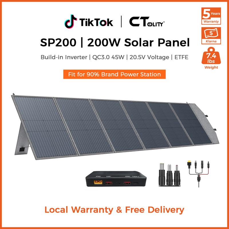 פאנל סולארי גמיש ומתקפל CTOLITY SP200 בהספק 200W, מטען סולארי נייד בעל יעילות גבוהה במתח 12V/20.5V עם יציאת USB בהספק 45W, מחברי MC4 ועיצוב עמיד למים לקמפינג, לקרוואנים ולתחנות כוח ניידות