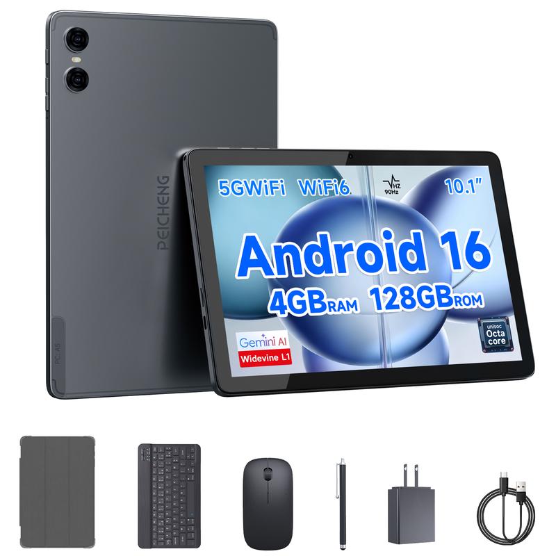 טאבלט PEICHENG 2026 עם מערכת הפעלה Android 16, מסך IPS בגודל 10.1 אינץ', זיכרון RAM בנפח 20GB, אחסון פנימי של 128GB עם אפשרות הרחבה עד 1TB, מעבד שמונה ליבות, WiFi 6, Bluetooth 5.0 ועכבר אלחוטי