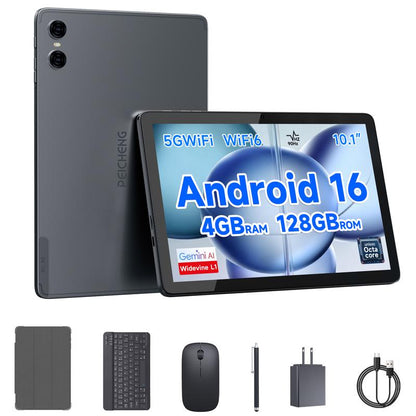 טאבלט PEICHENG 2026 עם מערכת הפעלה Android 16, מסך IPS בגודל 10.1 אינץ', זיכרון RAM בנפח 20GB, אחסון פנימי של 128GB עם אפשרות הרחבה עד 1TB, מעבד שמונה ליבות, WiFi 6, Bluetooth 5.0 ועכבר אלחוטי
