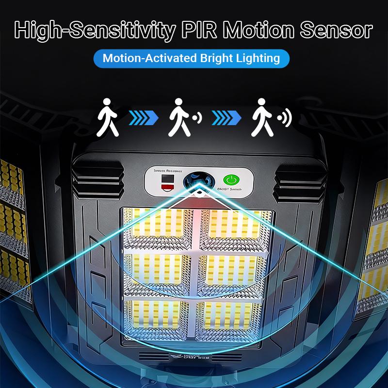 פנסי הצפה סולאריים Qawtor עם 800 נורות LED, חיישן תנועה, שלט רחוק, 3 מצבי בהירות ועיצוב עמיד למים בתקן IP65 לתאורת אבטחה חיצונית