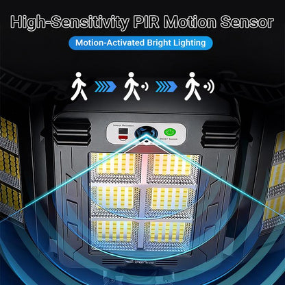 פנסי הצפה סולאריים Qawtor עם 800 נורות LED, חיישן תנועה, שלט רחוק, 3 מצבי בהירות ועיצוב עמיד למים בתקן IP65 לתאורת אבטחה חיצונית