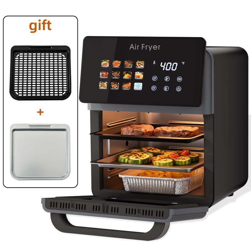 תנור אייר פרייר TechVibes בנפח 10 ליטר עם גריל, מכשיר בישול חכם בטכנולוגיית הסעת אוויר 12 ב-1 עם חלון צפייה מזכוכית, סלסלה עם ציפוי נון-סטיק, דלת נשלפת וניירות אפייה לאייר פרייר, בצבע שחור