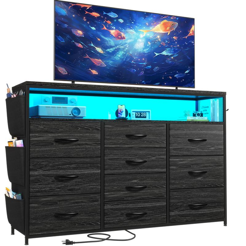 שידת Raybee Furniture ברוחב 55 אינץ' לחדר שינה, עם שקע חשמל ותאורת LED, מעמד טלוויזיה 65 אינץ' לחדר שינה עם 7-12 מגירות בד, שידות חזקות לחדר שינה 