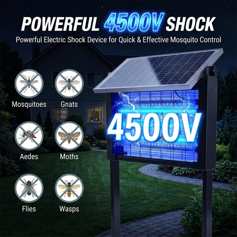 מנורה סולארית לקטילת יתושים בהספק 20W, קוטל חרקים חשמלי עמיד למים לשימוש חיצוני עם 3 נורות, אפשרות טעינה כפולה וסוללה נטענת בקיבולת 6000mAh לגינה, למרפסת, לחצר ולחווה