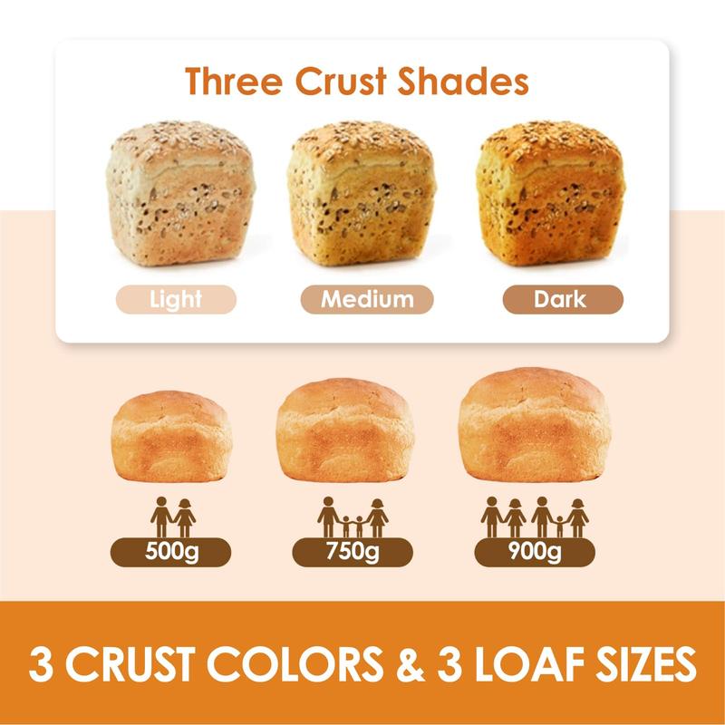 מכונת לחם אוטומטית, מכונת לחם 2 ליברות, 1.5 ליברות, 1 ליברה עם הגדרה ללא גלוטן, מכונת לחם 15 ב-1 מנירוסטה עם מתכונים 