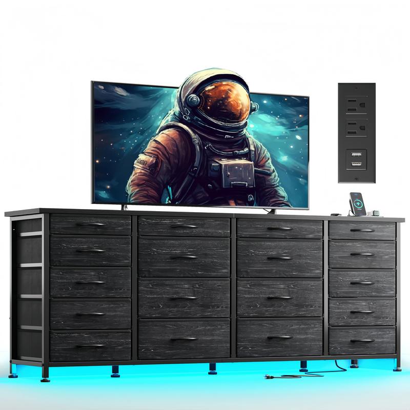 שידת Raybee Furniture ברוחב 55 אינץ' לחדר שינה, עם שקע חשמל ותאורת LED, מעמד טלוויזיה 65 אינץ' לחדר שינה עם 7-12 מגירות בד, שידות חזקות לחדר שינה 