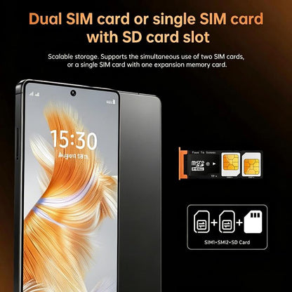 סמארטפון Dual SIM עם מסך בגודל 6.56 אינץ', מצלמה אחורית 13MP ומצלמה קדמית 5MP, זיכרון RAM בנפח 4GB, אחסון פנימי של 32GB, תמיכה בכרטיס זיכרון SD עד 128GB ומצב המתנה כפול לשני כרטיסי SIM