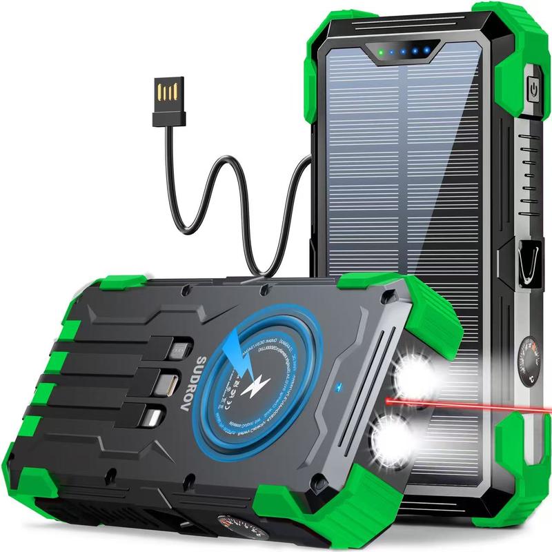סוללת גיבוי סולארית Sudrov בקיבולת 42800mAh, מטען נייד עם טעינה מהירה בהספק 15W וטעינה אלחוטית, 4 כבלי טעינה מובנים, 7 יציאות, 3 כניסות, שני פנסים ועיצוב עמיד בפני אבק