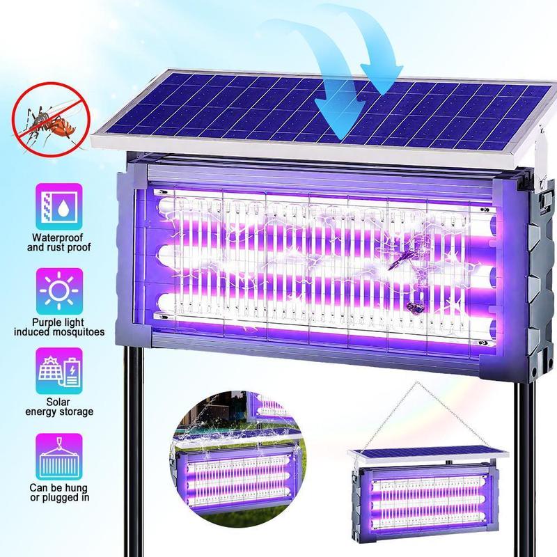 מנורה סולארית לקטילת יתושים בהספק 20W, קוטל חרקים חשמלי עמיד למים לשימוש חיצוני עם 3 נורות, אפשרות טעינה כפולה וסוללה נטענת בקיבולת 6000mAh לגינה, למרפסת, לחצר ולחווה