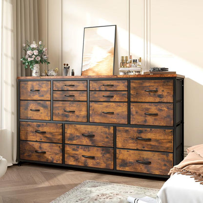 מעמד טלוויזיה Raybee Furniture עם 16 מגירות אחסון ושקע חשמל, מסגרת מתכת כבדה וקונסולת מדיה מעץ, מרכז בידור גדול לסלון, חדר שינה, ארון, ארון אחסון מודרני לעיצוב הבית לחלל קטן 