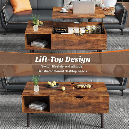 שולחן מרכזי מעץ מורכב במלואו של Sweet Furniture, שולחן קפה מחורץ עם משטח הרמה ותא נסתר, משטח שולחן מודרני להרמה לסלון ולמשרד 