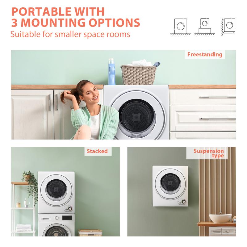 מייבש כביסה נייד Euhomy 110V 850W מייבשי כביסה קומפקטיים 1.5 רגל מעוקב פתח קדמי נירוסטה מייבש כביסה חשמלי עם אמבטיה נירוסטה לדירות, קרוואנים, מעונות, לבן שליטה קלה 
